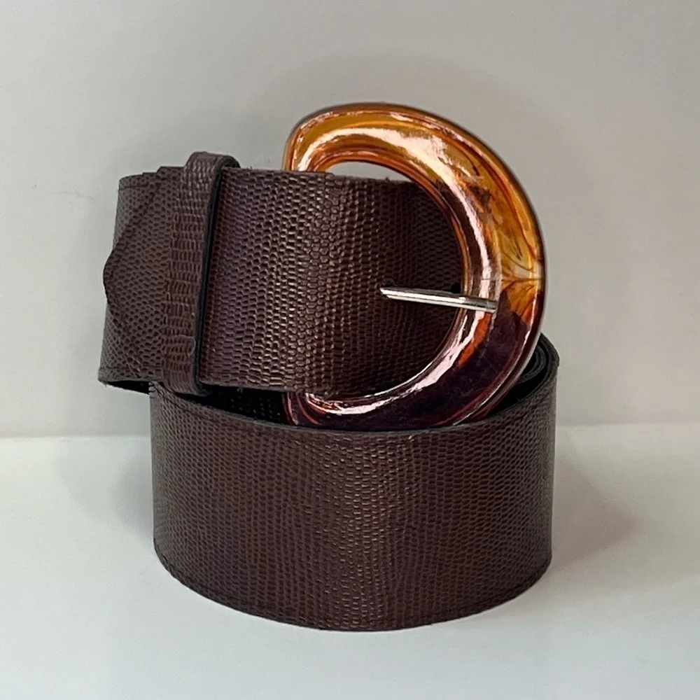 Wide Brown Vegan Belt Acrylic Tortoise Print Buckle Vintage Vegan Faux Leather